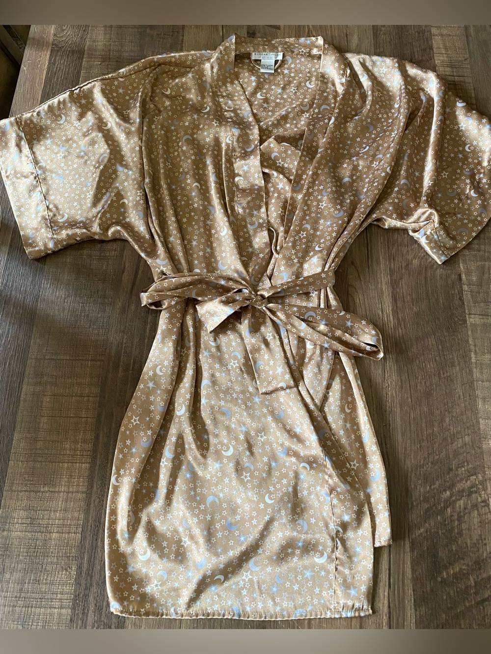 Morgan Taylor Tan Satin Nightwear Top with White Star & Moon Print